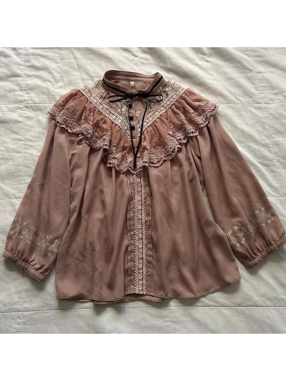 Rozen Kavalier Mauve Pink Lace Ruffle Blouse Embroidery Ribbon Bow Size M